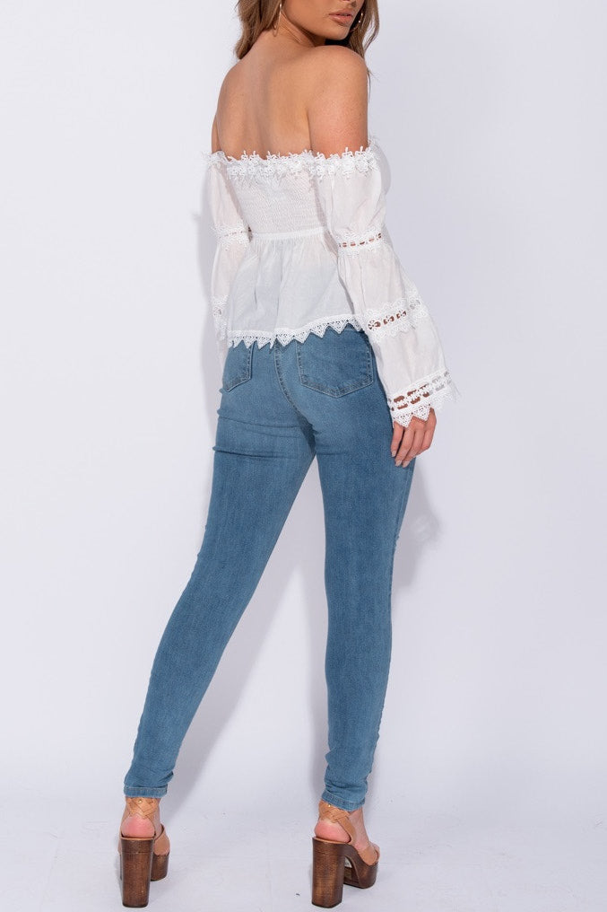 White Lace Trim Bardot Ruched Detail Top