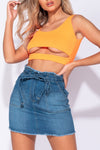 Mid Blue Paperbag Frayed Hem Denim Mini Skirt