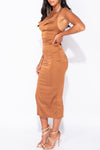 Brown Satin Cowl Neck Bodycon Midi Dress