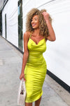 Neon Green Satin Cowl Neck Bodycon Midi Dress