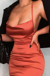 Rust Satin Cowl Neck Bodycon Midi Dress