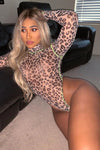 Leopard Print Sheer Mesh High Neck Long Sleeve Bodysuit