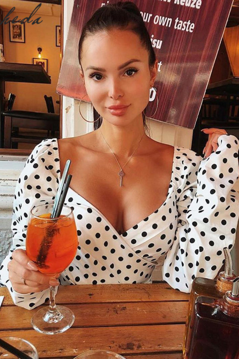 White Polka Dot Puff Sleeve Wrap Crop Top