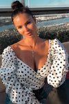 White Polka Dot Puff Sleeve Wrap Crop Top