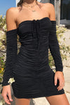 Black Ruched Off Shoulder Long Sleeve Mini Dress