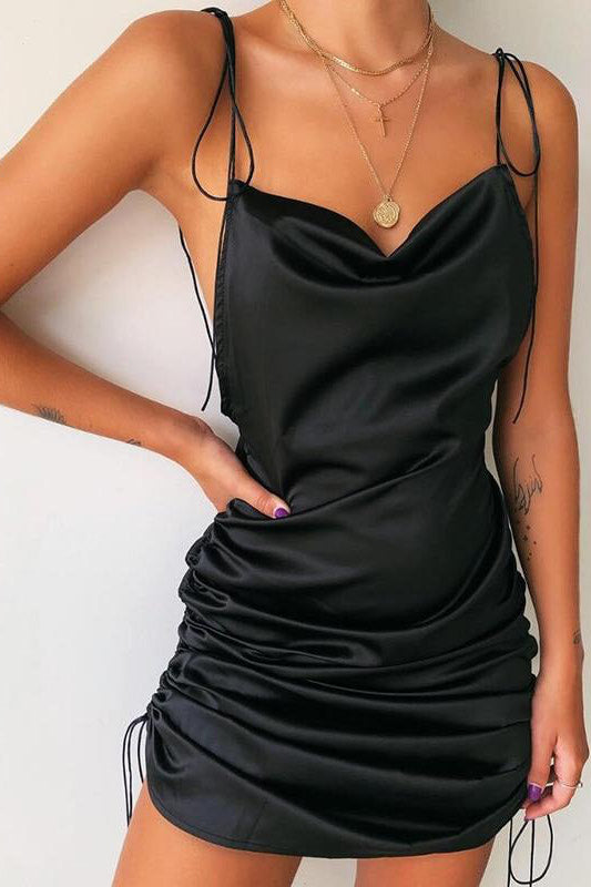 Black Satin Cowl Ruched Slip Mini Dress