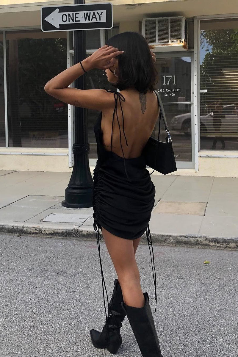 Black Satin Cowl Ruched Slip Mini Dress