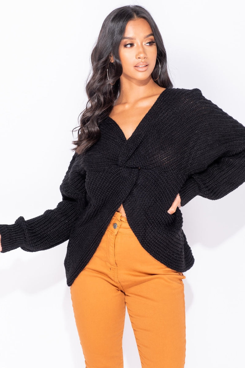 Black Twist Front Oversized Knitted Jumper