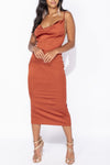 Rust Satin Cowl Neck Slip Cross Back Midi Dress