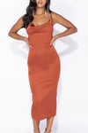 Rust Satin Cowl Neck Slip Cross Back Midi Dress