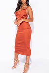 Rust Satin Cowl Neck Slip Cross Back Midi Dress