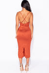 Rust Satin Cowl Neck Slip Cross Back Midi Dress