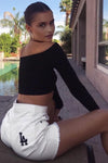 Black Ruched Rib Off Shoulder Crop Top