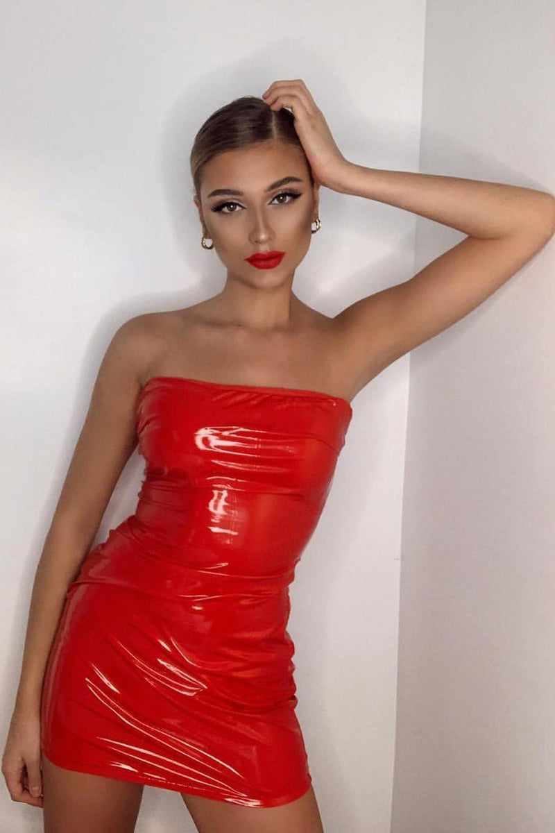 Red Vinyl Bandeau Bodycon Mini Dress