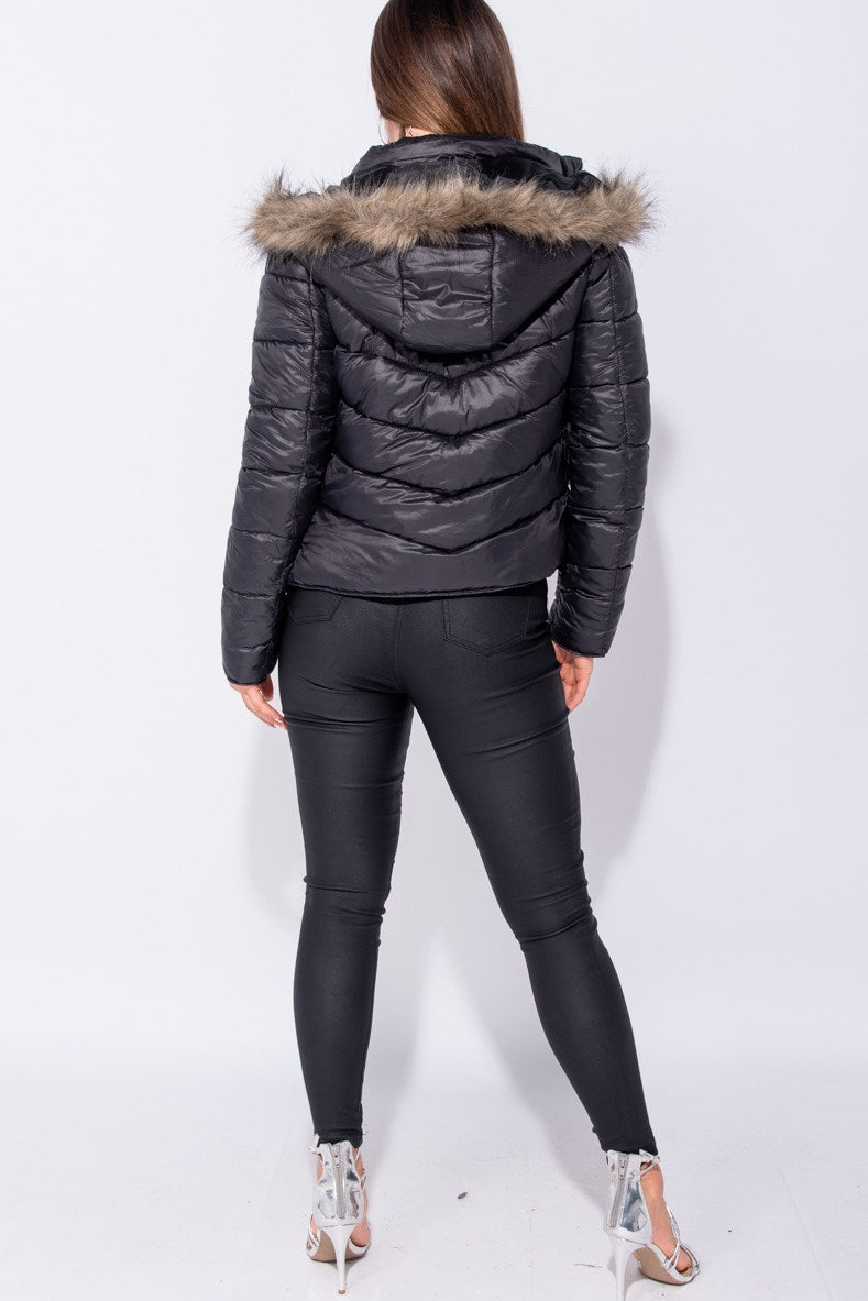 Black Faux Fur Hooded Puffer Jacket