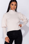 Stone Puff Sleeve High Neck Knitted Jumper
