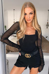 Black Mesh Ruched Square Neck Bodysuit