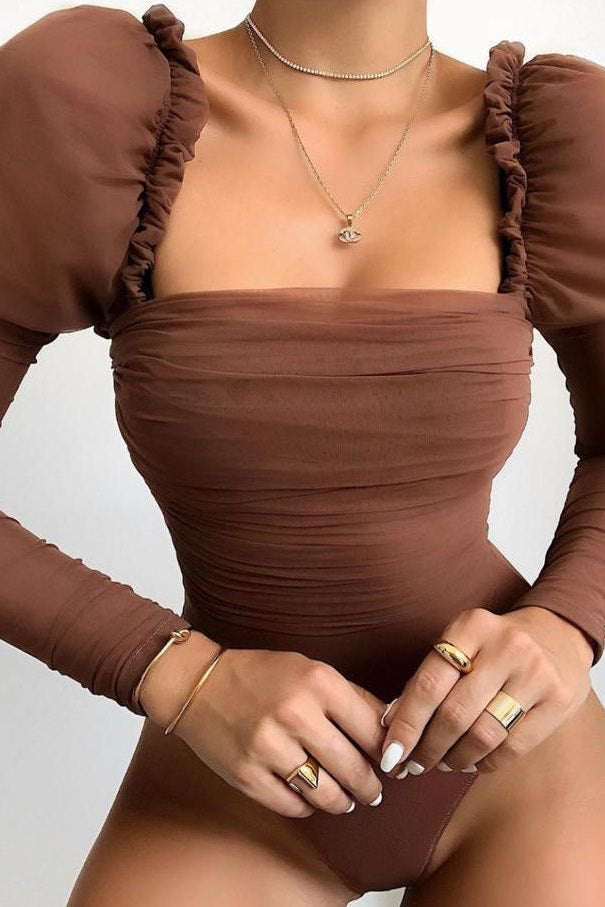 Black Ruched Chiffon Puff Sleeve Bodysuit