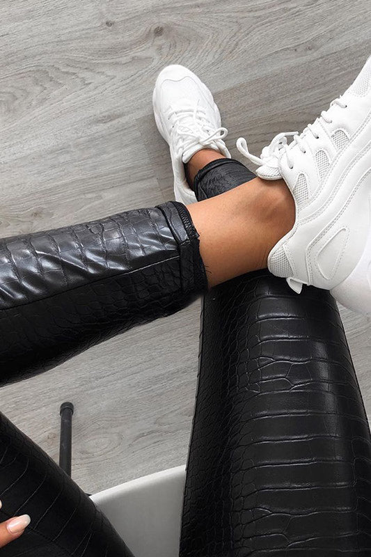 Black Faux Leather Zip Front Croc Trousers