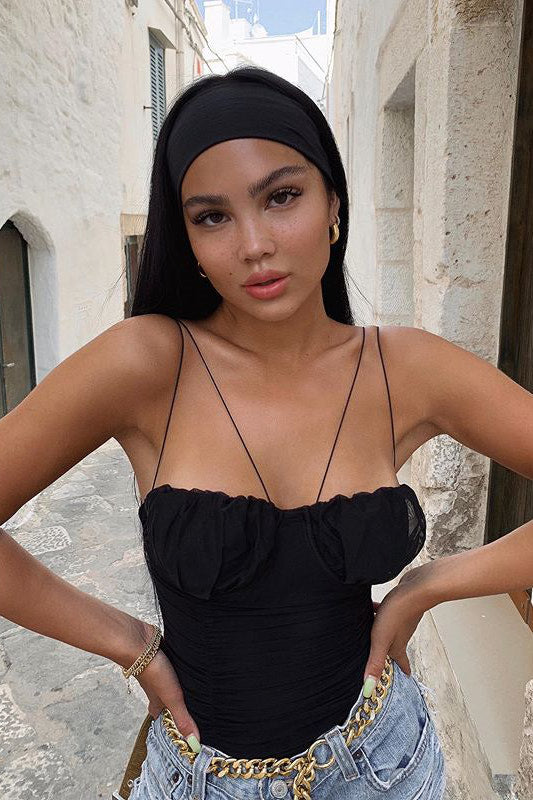 Black Spaghetti Ruched Bustier Bodysuit