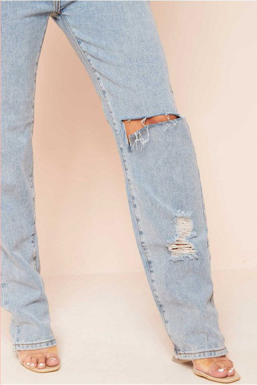 Light Wash Distressed Ripped Straight Leg Jeans