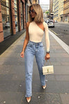 Light Wash Split Hem Straight Leg Denim Jeans