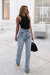 Light Wash Split Hem Straight Leg Denim Jeans