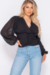 Black Puff Sleeve Ruched Wrap Front Top