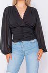 Black Puff Sleeve Ruched Wrap Front Top