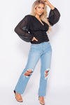 Black Puff Sleeve Ruched Wrap Front Top
