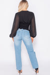 Black Puff Sleeve Ruched Wrap Front Top
