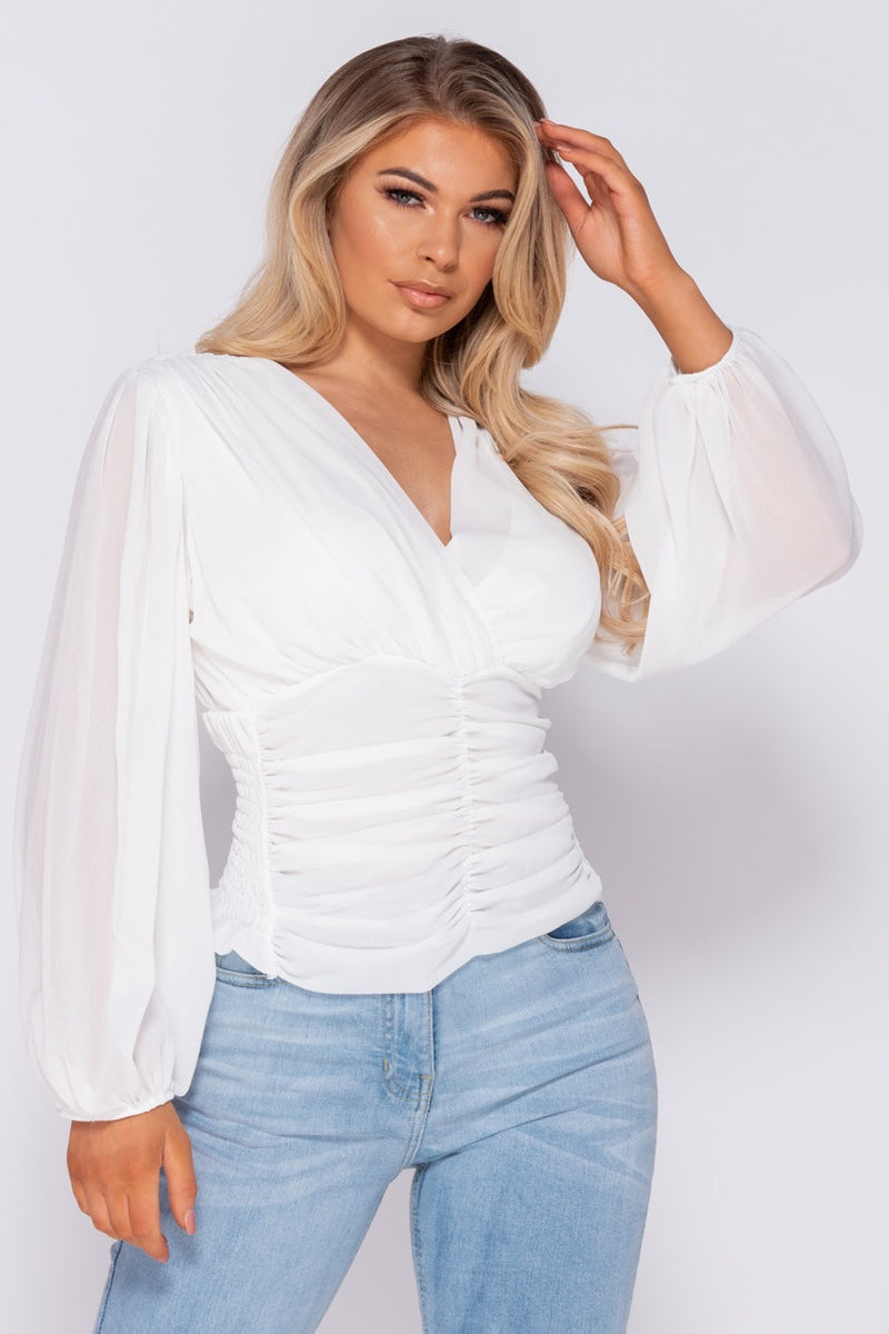 White Puff Sleeve Ruched Wrap Front Top