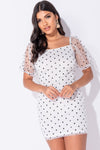 White Polka Dot Sheer Puff Sleeve Mini Dress