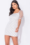 White Polka Dot Sheer Puff Sleeve Mini Dress