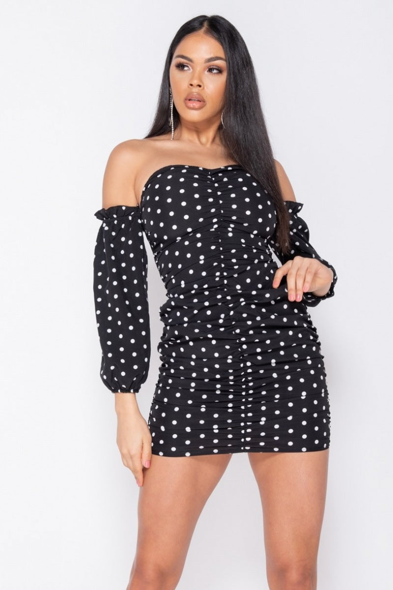 Black Polka Dot Ruched Off Shoulder Mini Dress