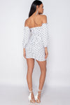 White Polka Dot Ruched Off Shoulder Mini Dress