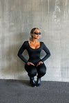 Black Seamless Plunge Long Sleeve Jumpsuit