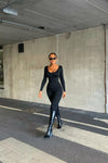 Black Seamless Plunge Long Sleeve Jumpsuit