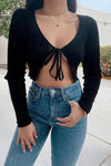 Black Tie Front Ribbed Cropped Cardigan