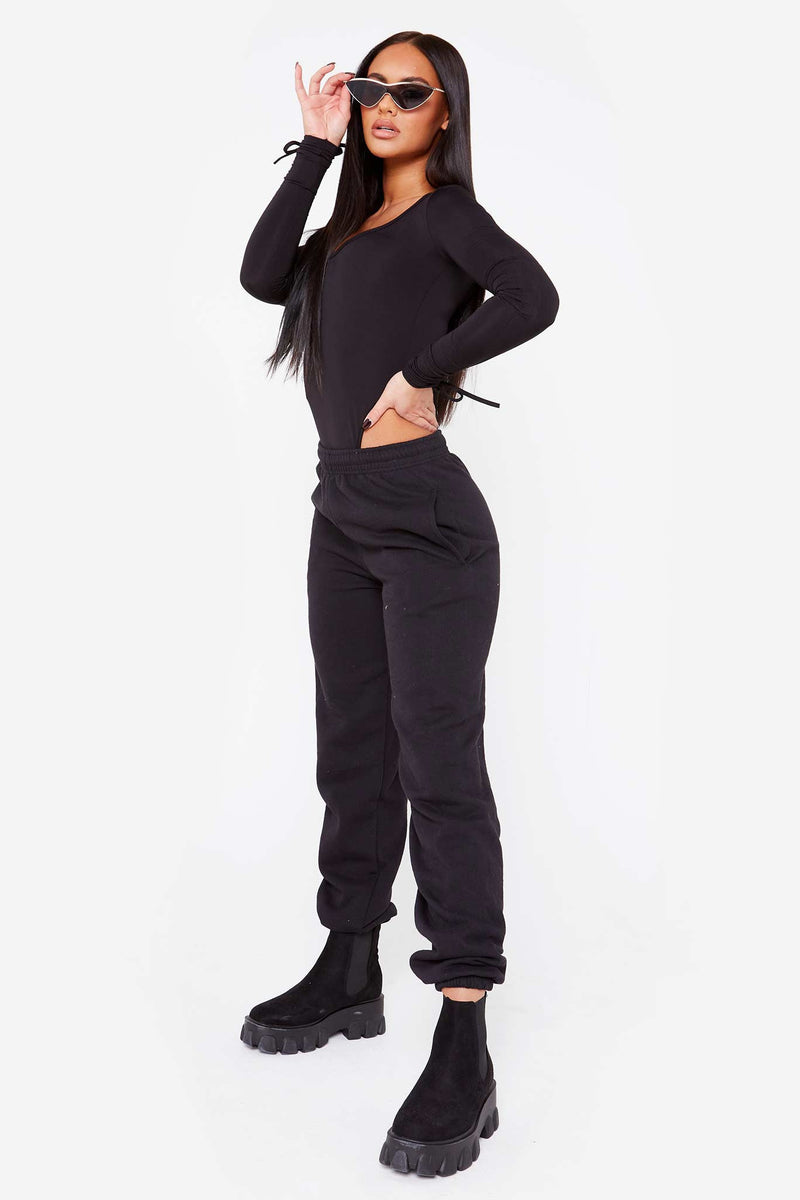 Black Ruched Sleeve High Leg Bodysuit