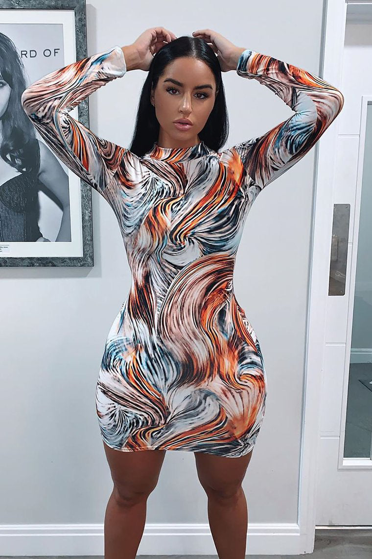 Multi Print High Neck Mini Dress