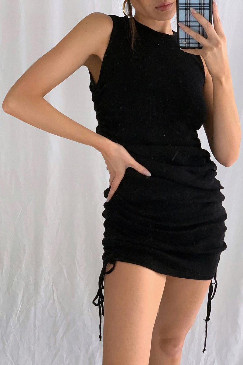 Black Ribbed Sleeveless Ruched Mini Dress