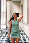 Sage Ribbed Sleeveless Ruched Mini Dress