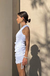 White Ribbed Sleeveless Ruched Mini Dress