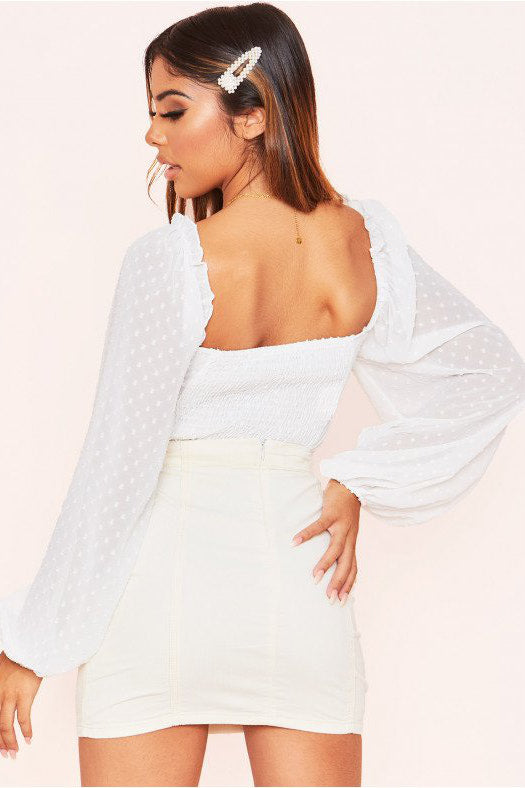 White Mesh Polka Dot Puff Sleeve Crop Top