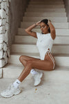 White Ribbed High Cut Side Tie Bodysuit