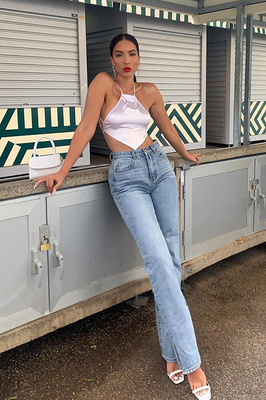 White Satin Backless Halterneck Crop Top