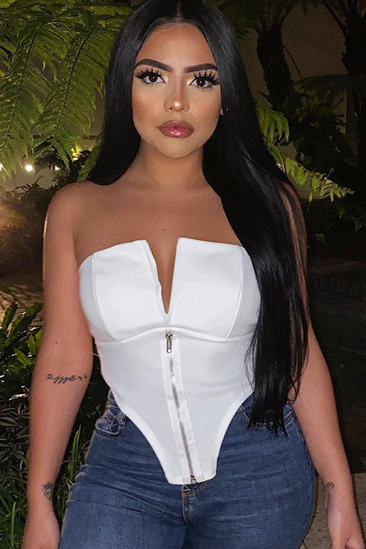 White Zip Front Bustier Corset Crop Top
