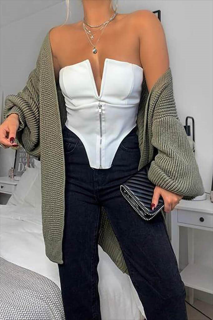 White Zip Front Bustier Corset Crop Top