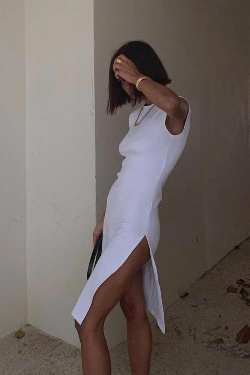 White Ribbed Thigh Split Midi Dress